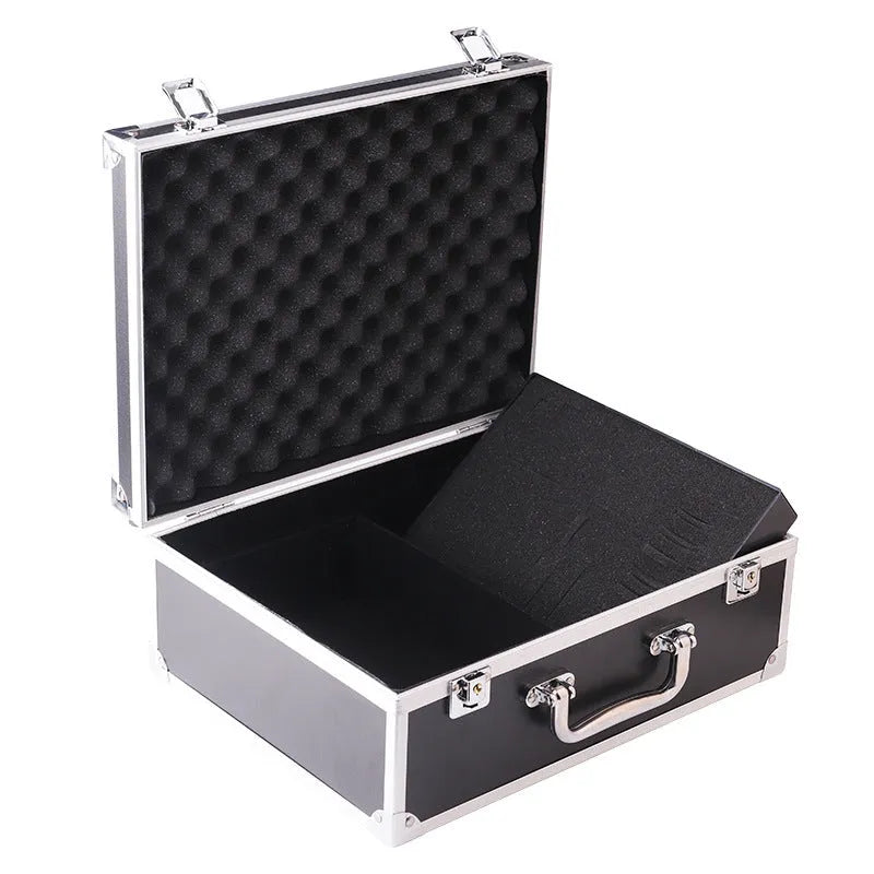 Black aluminium alloy tattoo equipment storage box with metal clasp closed.