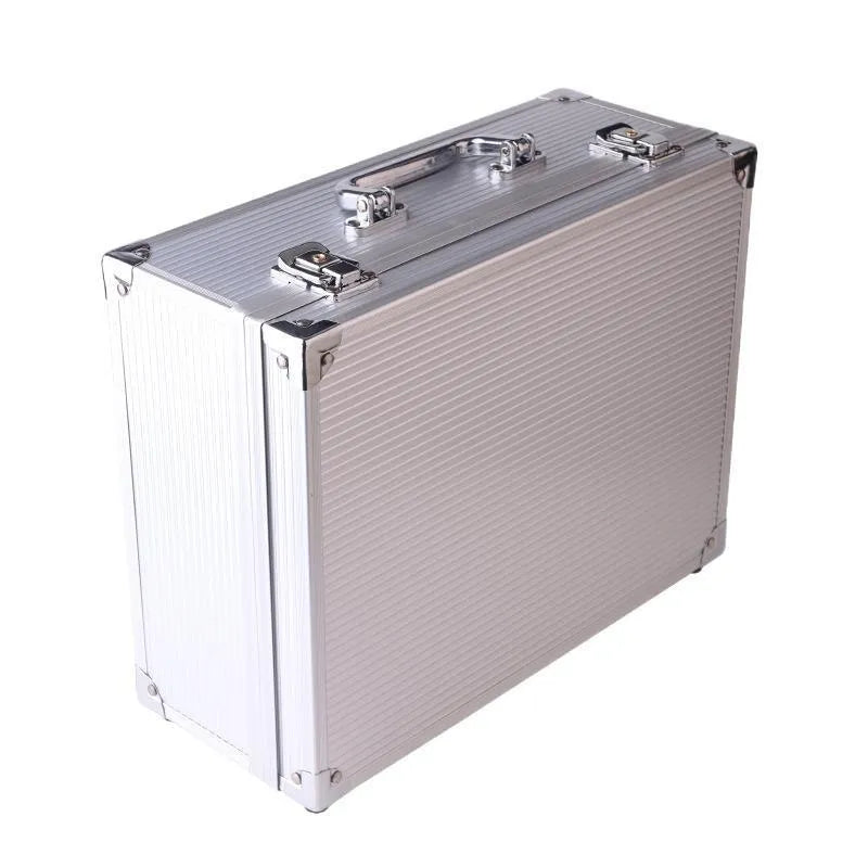 Black aluminium alloy tattoo equipment storage box with metal clasp closed.