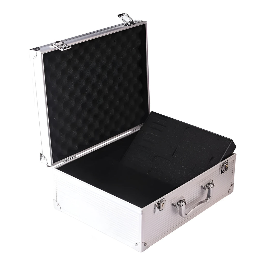 Black aluminium alloy tattoo equipment storage box with metal clasp closed.