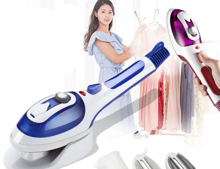 Blue handheld hanging ironing machine with temperature control dial and steam nozzle