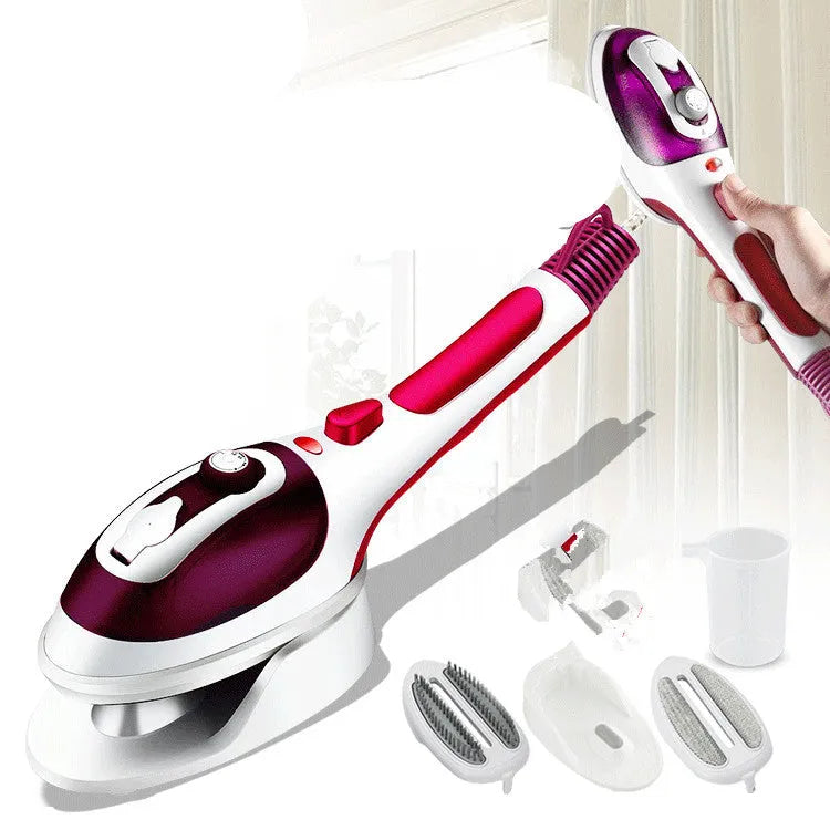 Blue handheld hanging ironing machine with temperature control dial and steam nozzle