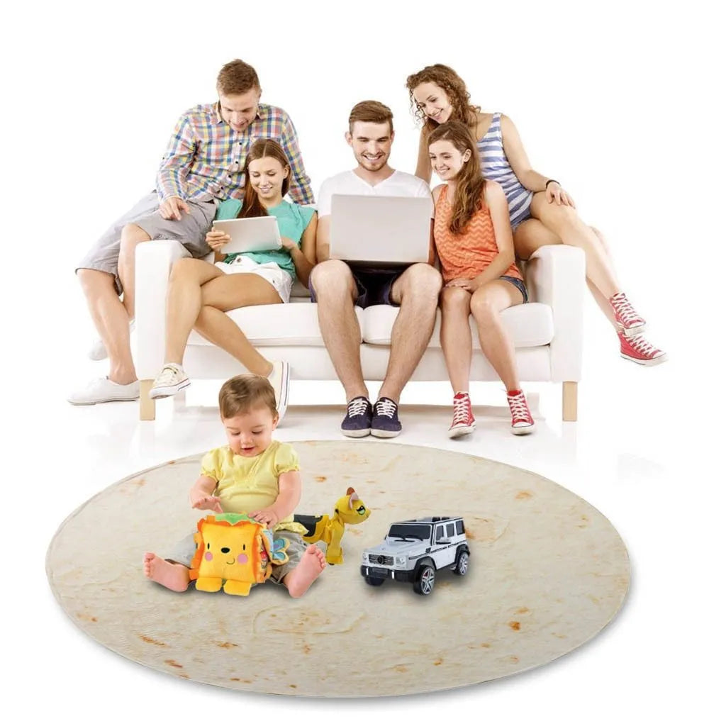 Round and rectangular flannel burrito blankets in various sizes with food-themed print.