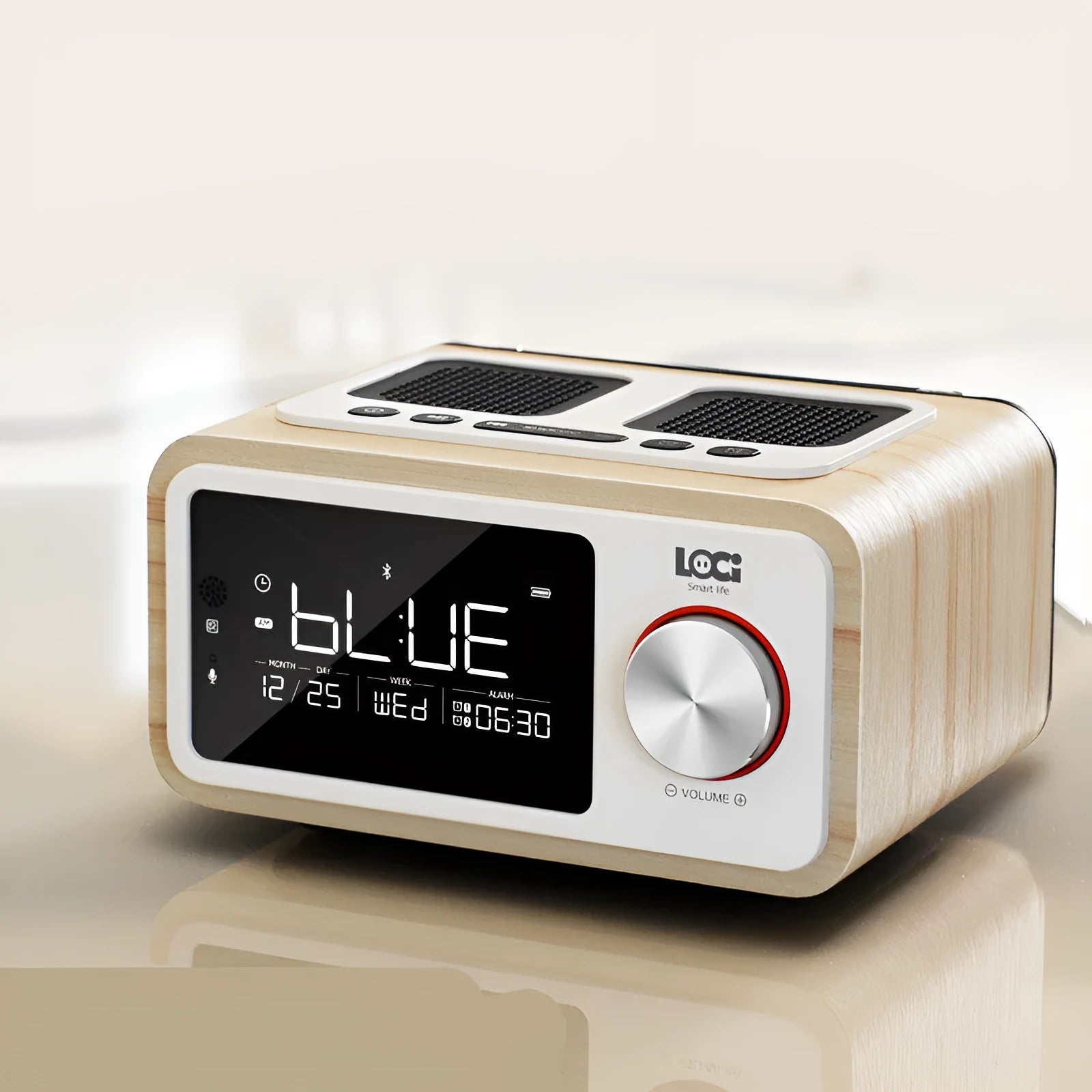 Compact wooden Bluetooth speaker alarm clock radio in golden oil colour with dual drivers and USB charge port