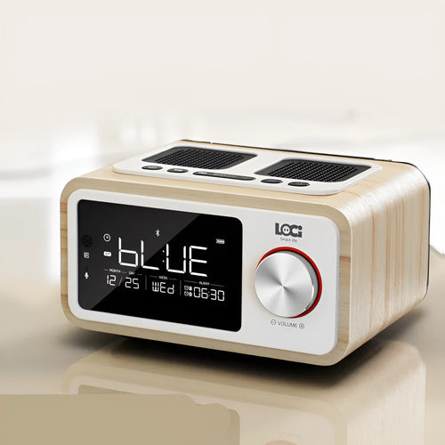 Compact wooden Bluetooth speaker alarm clock radio in golden oil colour with dual drivers and USB charge port