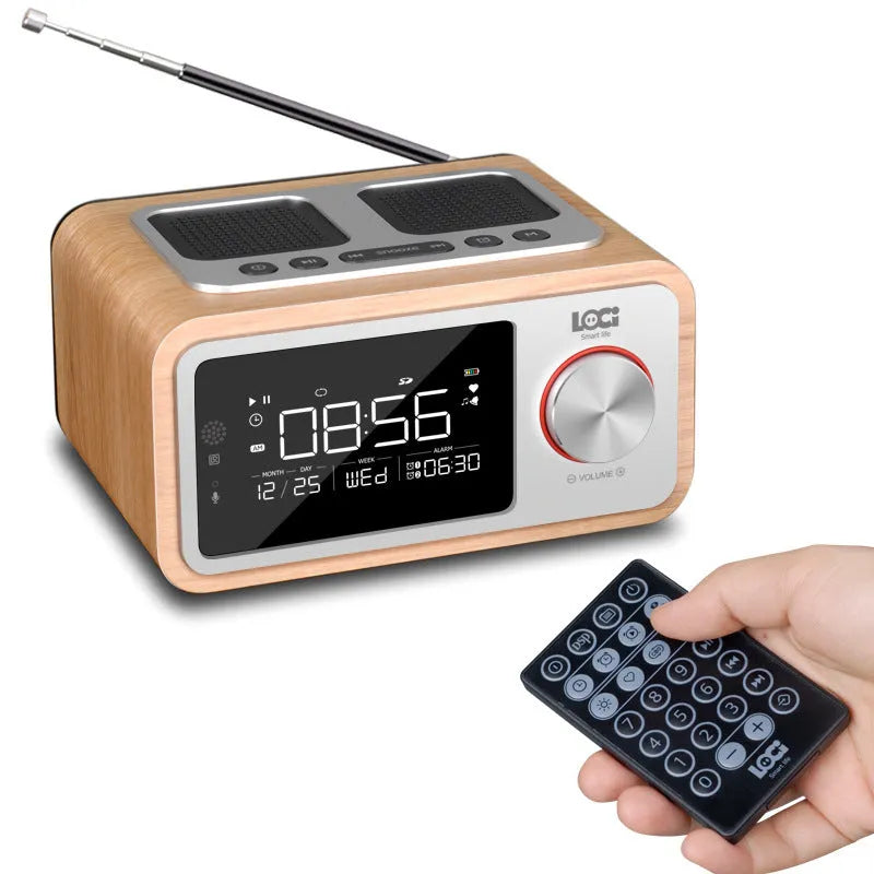 Compact wooden Bluetooth speaker alarm clock radio in golden oil colour with dual drivers and USB charge port