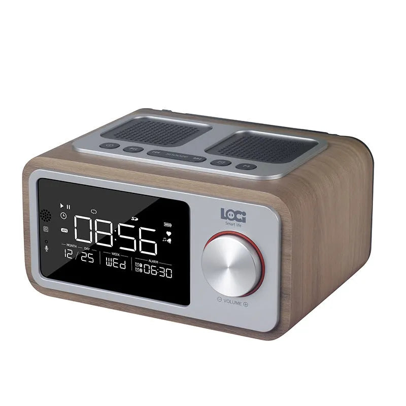 Compact wooden Bluetooth speaker alarm clock radio in golden oil colour with dual drivers and USB charge port