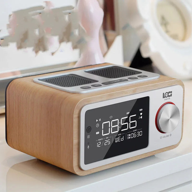 Compact wooden Bluetooth speaker alarm clock radio in golden oil colour with dual drivers and USB charge port