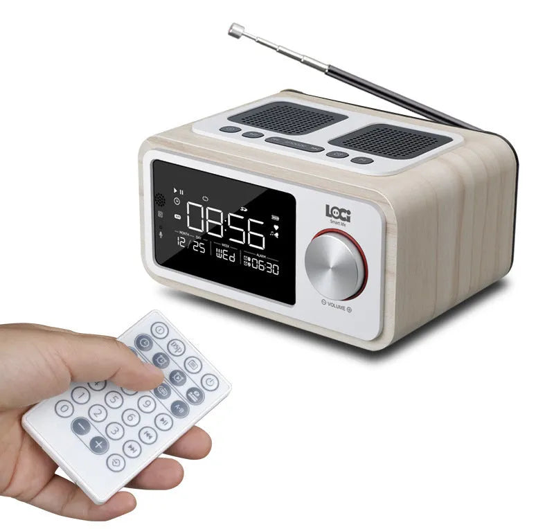 Compact wooden Bluetooth speaker alarm clock radio in golden oil colour with dual drivers and USB charge port