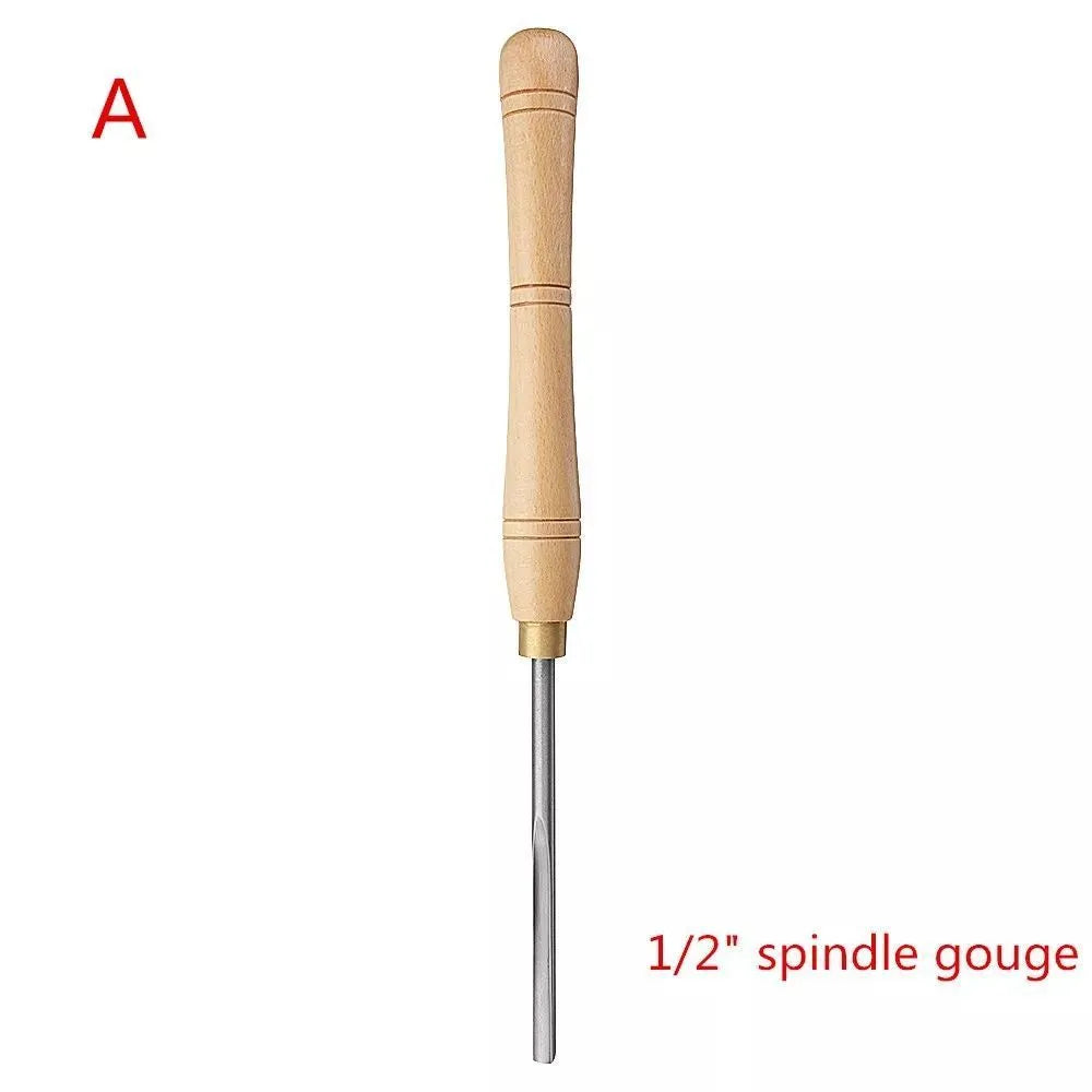 Wooden box open to display a set of eight chrome vanadium steel woodturning tools with wooden handles.