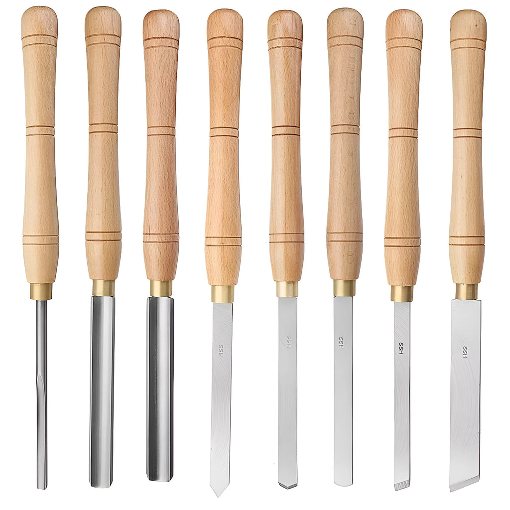 Wooden box open to display a set of eight chrome vanadium steel woodturning tools with wooden handles.