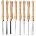 Wooden box open to display a set of eight chrome vanadium steel woodturning tools with wooden handles.