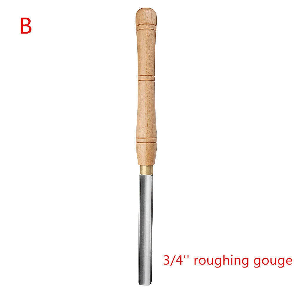 Wooden box open to display a set of eight chrome vanadium steel woodturning tools with wooden handles.
