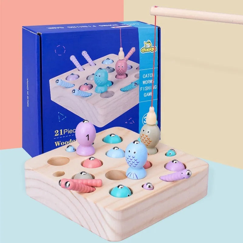 Children's wooden fishing catch insect game brain toy made of pine wood with water-based paint, 18 x 17.5 x 6 cm
