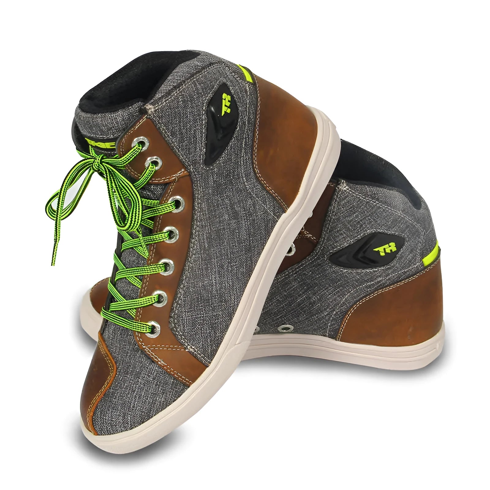 Black and grey men's summer motorcycle casual short boots on a plain background.