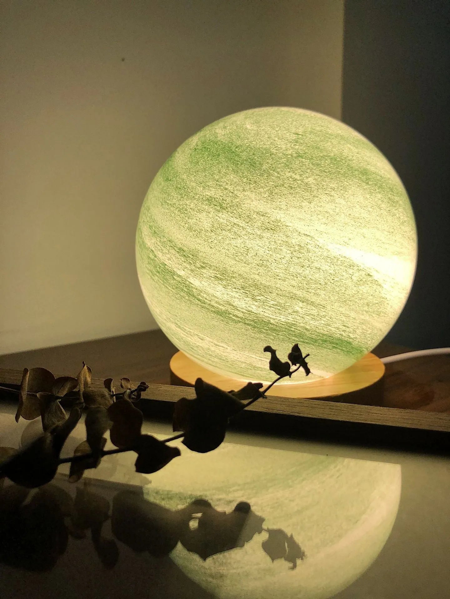 Nordic style USB-powered bedside table lamp with a glass shade, shown in one of seven available colours.