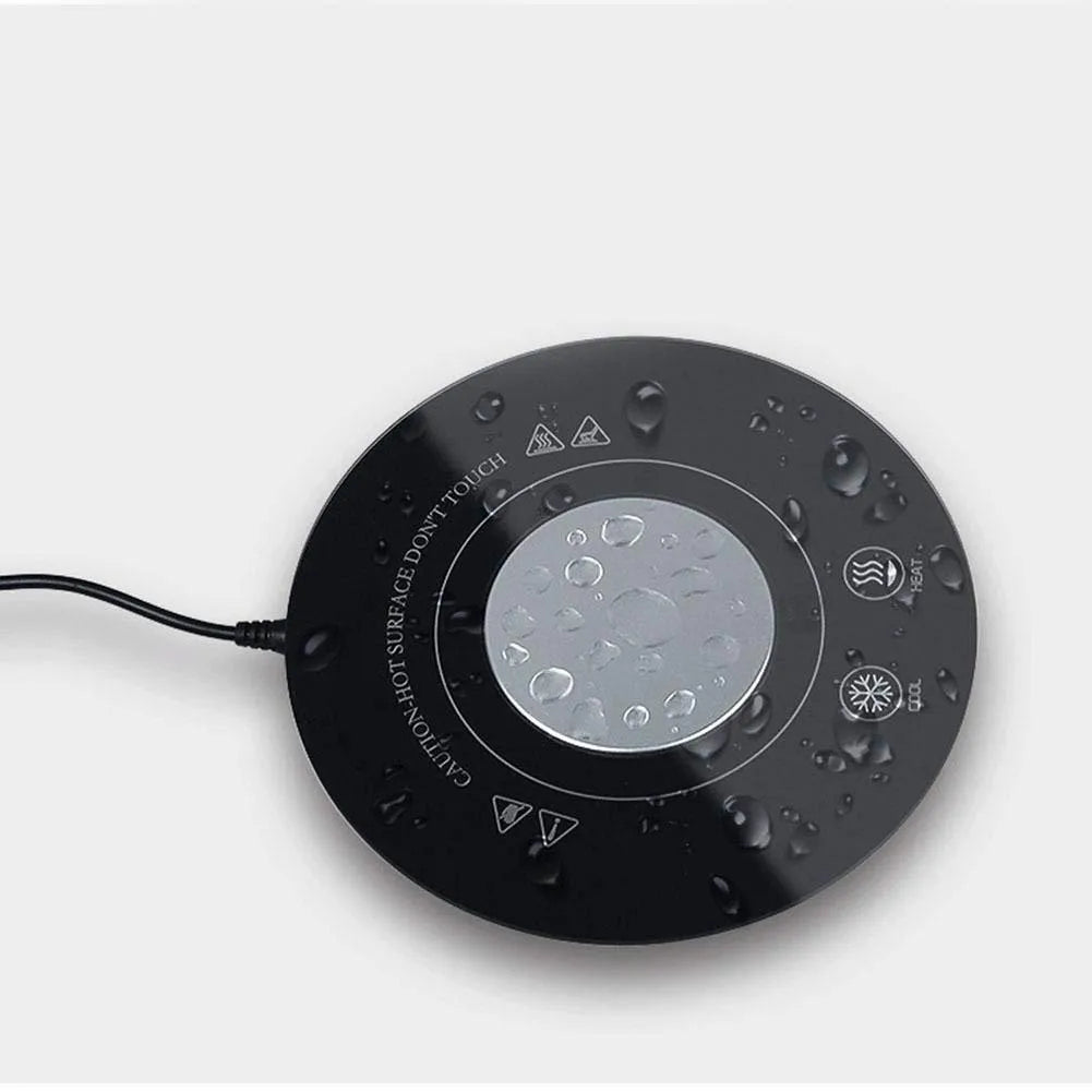 USB-powered hot and cold coaster in black or white with tempered glass surface
