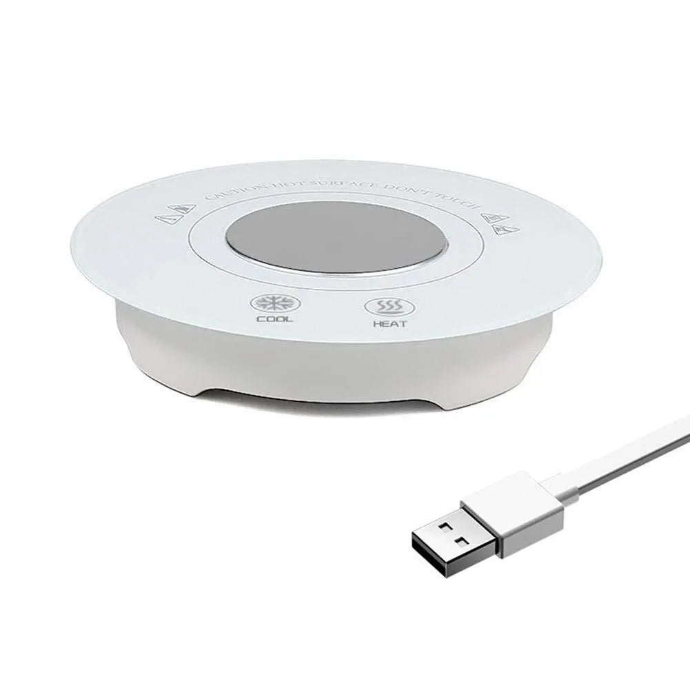 USB-powered hot and cold coaster in black or white with tempered glass surface