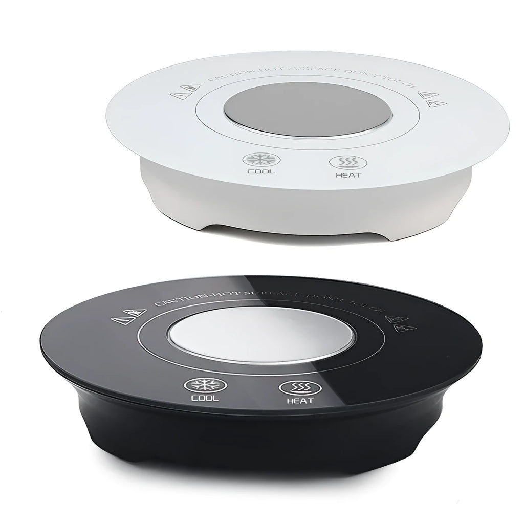 USB-powered hot and cold coaster in black or white with tempered glass surface