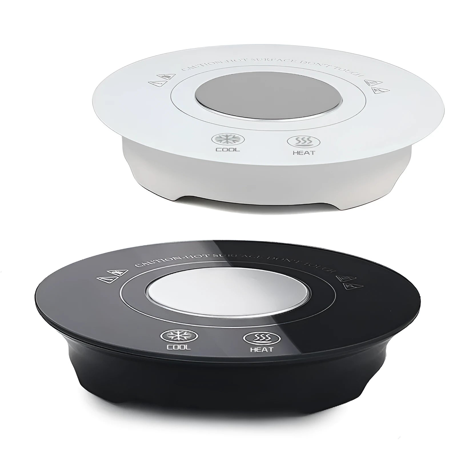 USB-powered hot and cold coaster in black or white with tempered glass surface