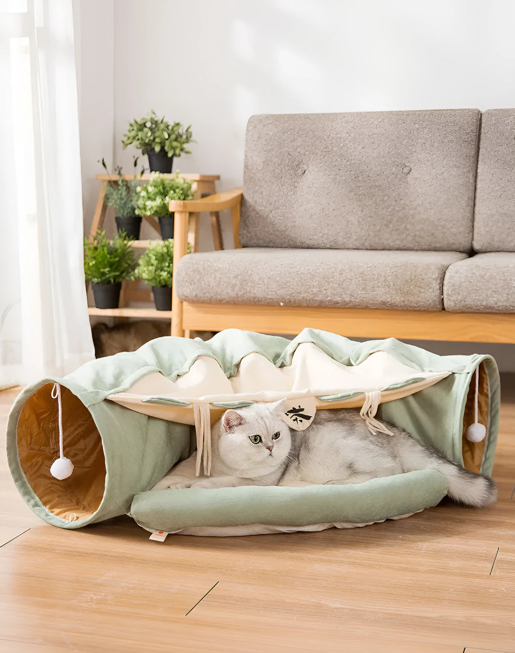 Collapsible cat tunnel toy in Bar colour design showing folded and expanded states