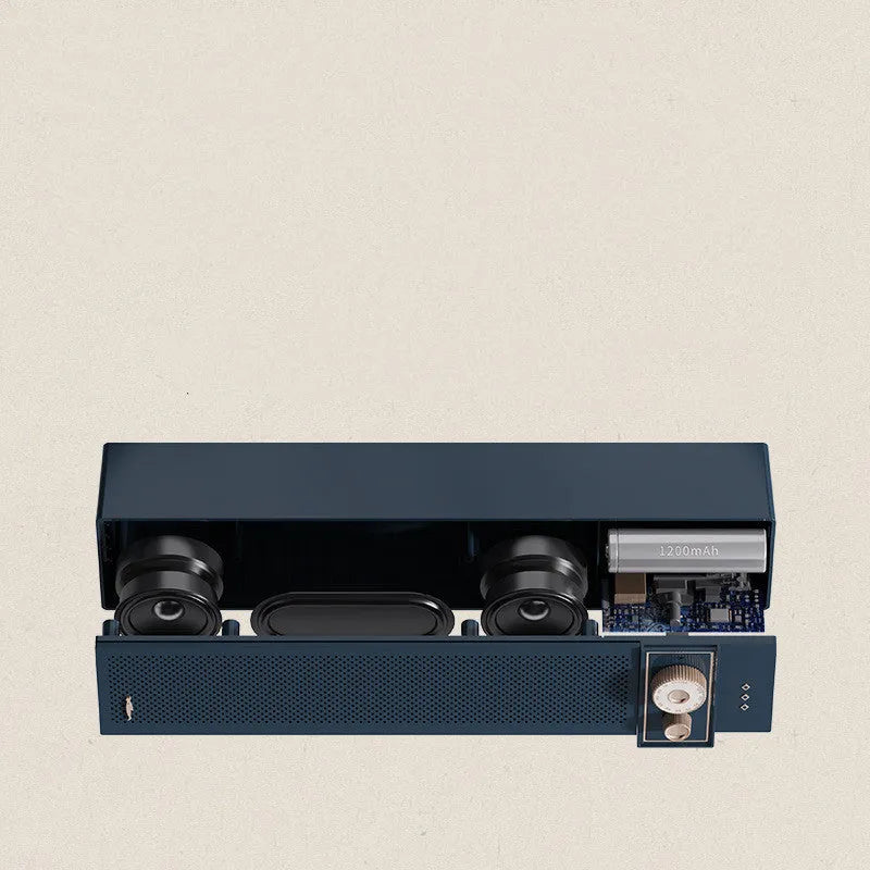 Portable Bluetooth speaker in blue with retro design and push-button controls