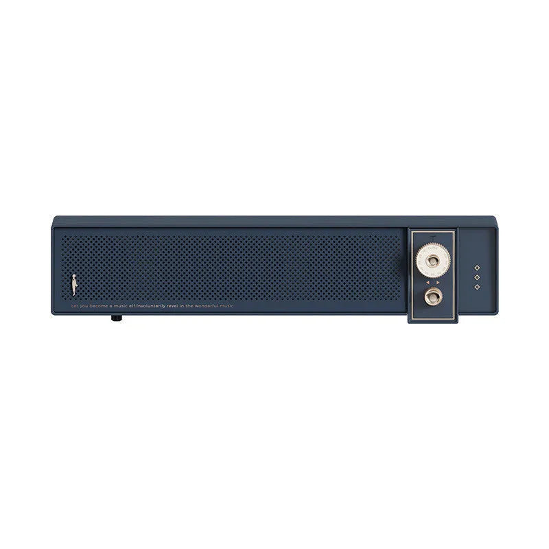 Portable Bluetooth speaker in blue with retro design and push-button controls