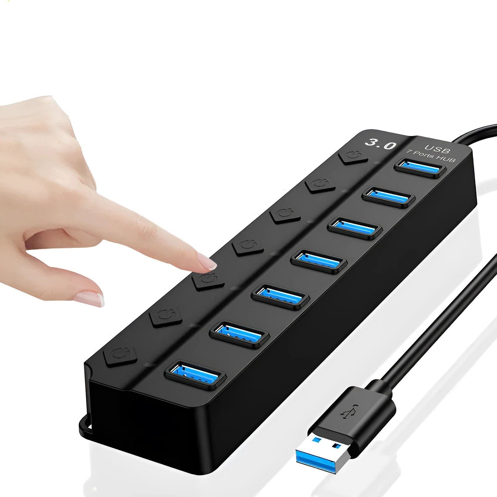 Black 7-port high-speed USB 3.0 hub with external power adapter on a desk.