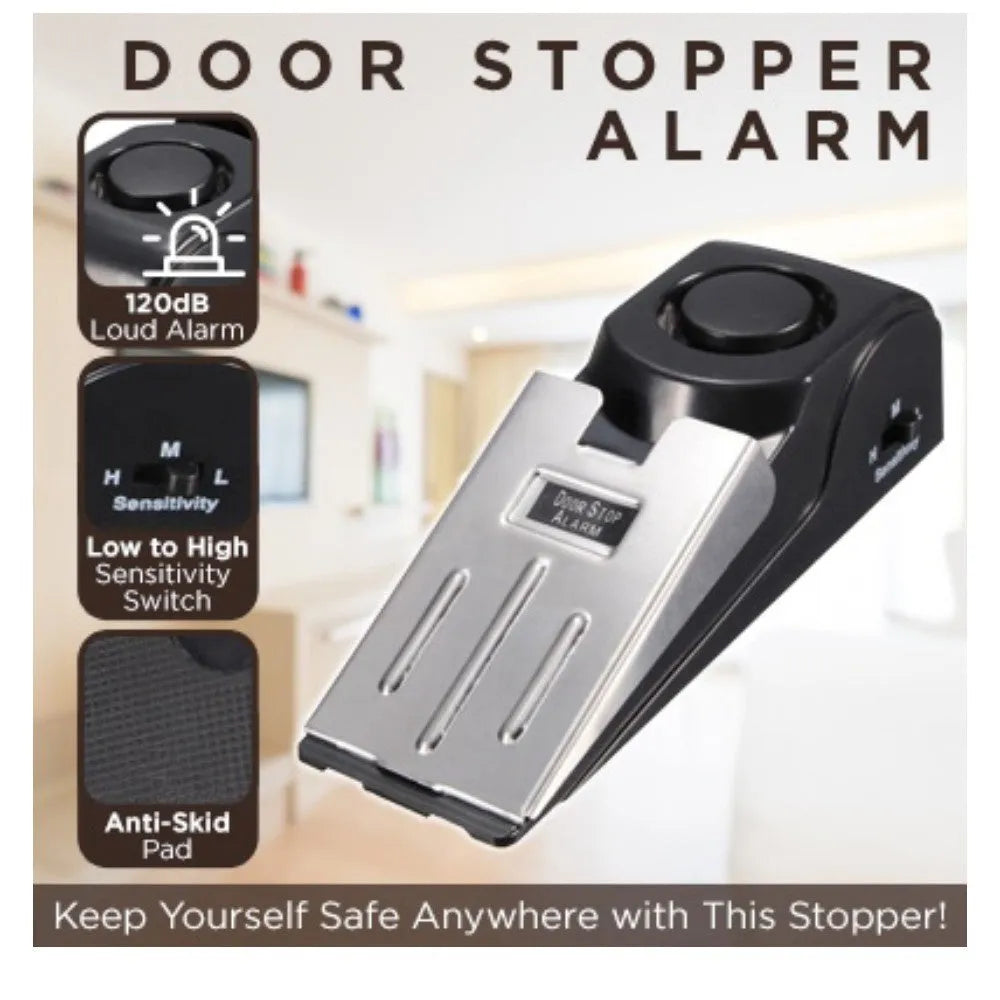 Electronic burglar alarm wedge door stop with ABS housing and 150dB siren on white background