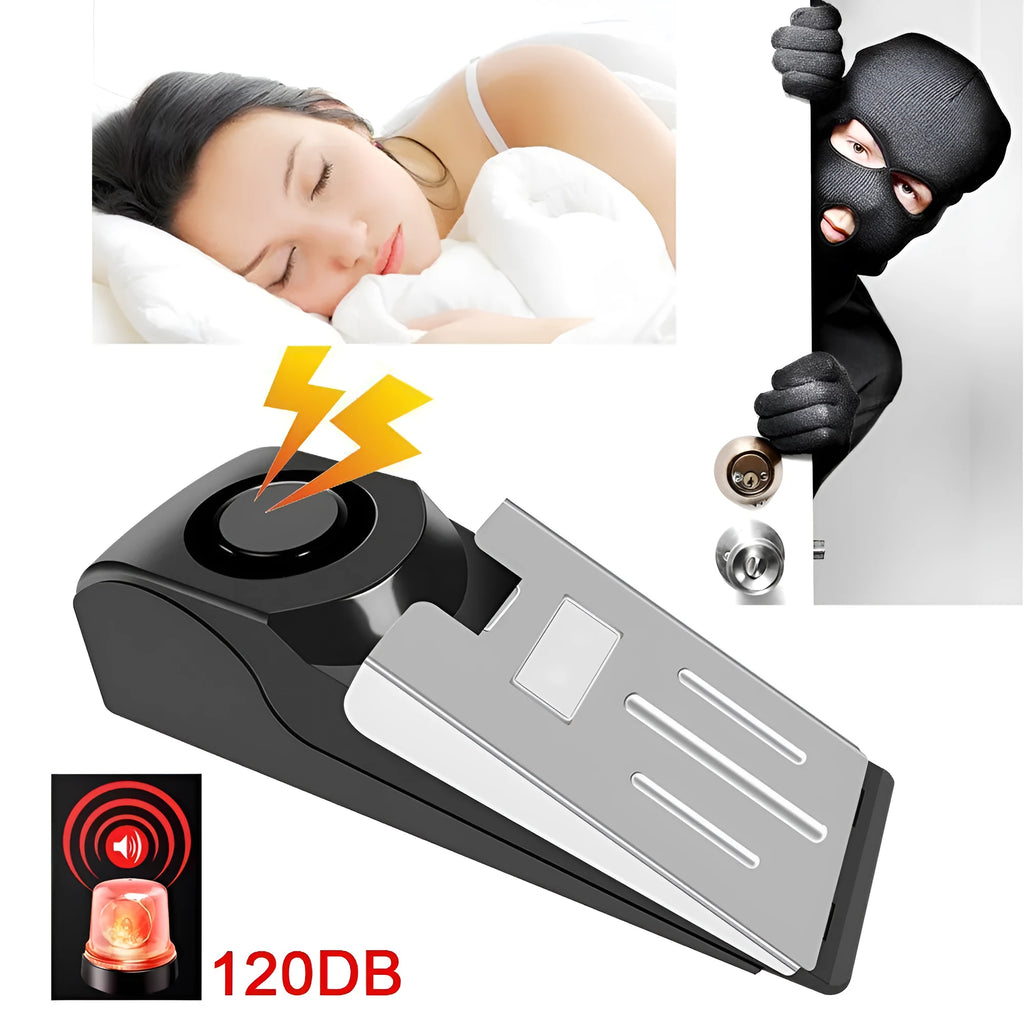 Electronic burglar alarm wedge door stop with ABS housing and 150dB siren on white background