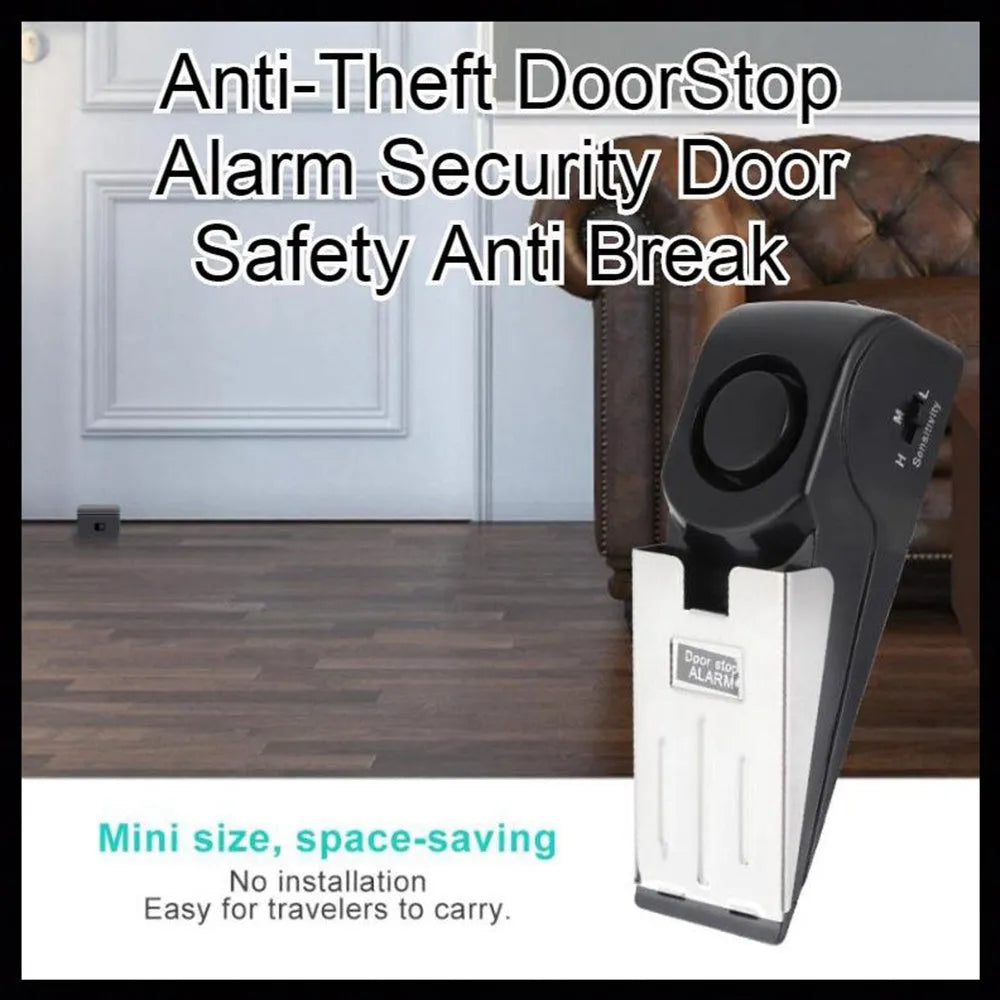 Electronic burglar alarm wedge door stop with ABS housing and 150dB siren on white background
