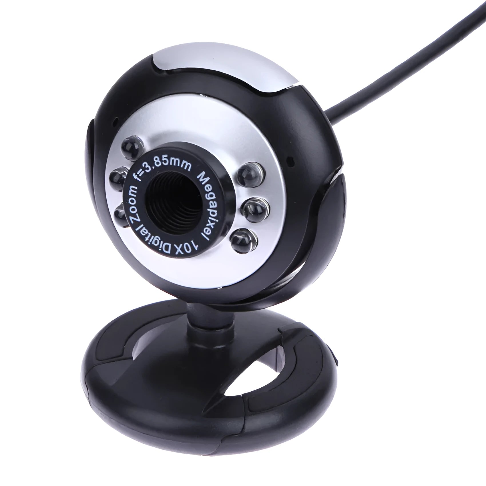 USB webcam with six white LED lights around the lens and a manual focus ring.