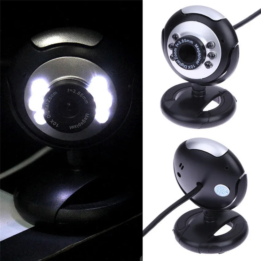 USB webcam with six white LED lights around the lens and a manual focus ring.