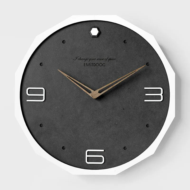 Round Nordic minimalist wall clock with perforated design, 12 inches diameter