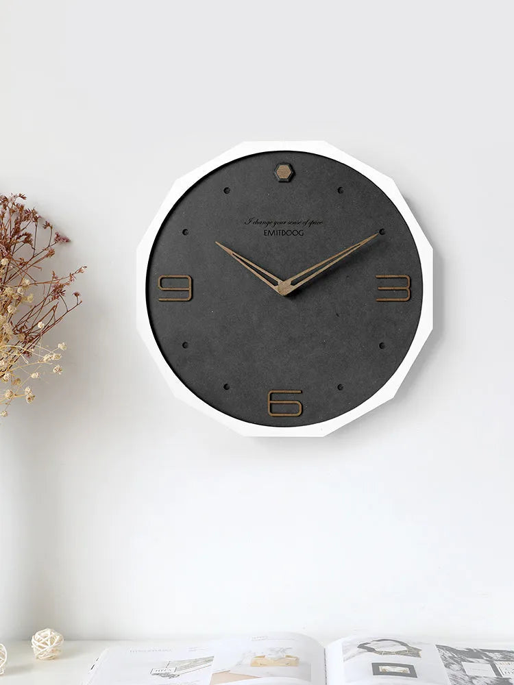 Round Nordic minimalist wall clock with perforated design, 12 inches diameter