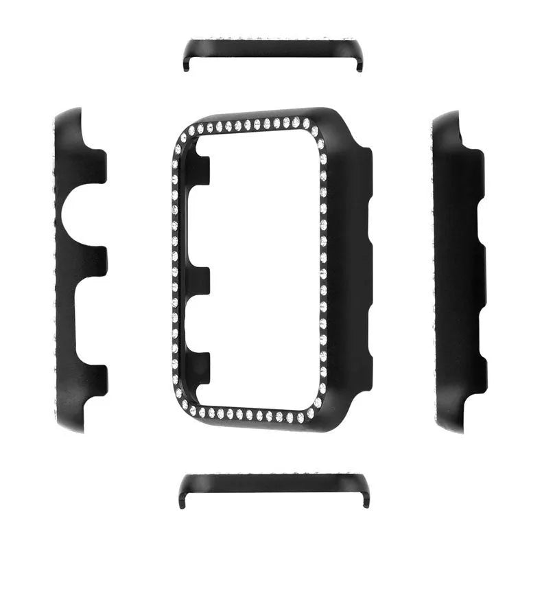 Aluminium alloy diamond protective case for Apple Watch in silver, black, rose gold, rose pink, and gold colour options.