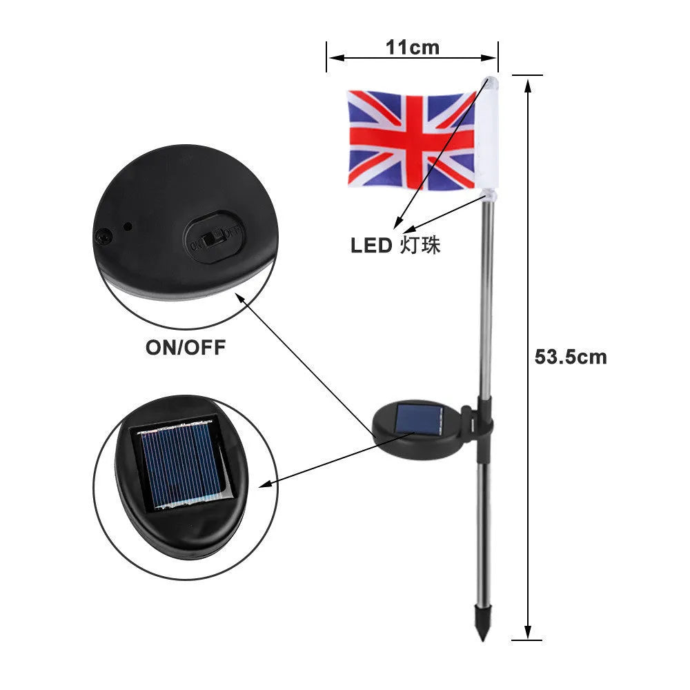 White solar-powered garden flag light showing American flag design on stainless steel pole.