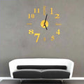 Round 10-inch DIY acrylic 3D stereo mirror wall clock on a living room wall, available in five colours