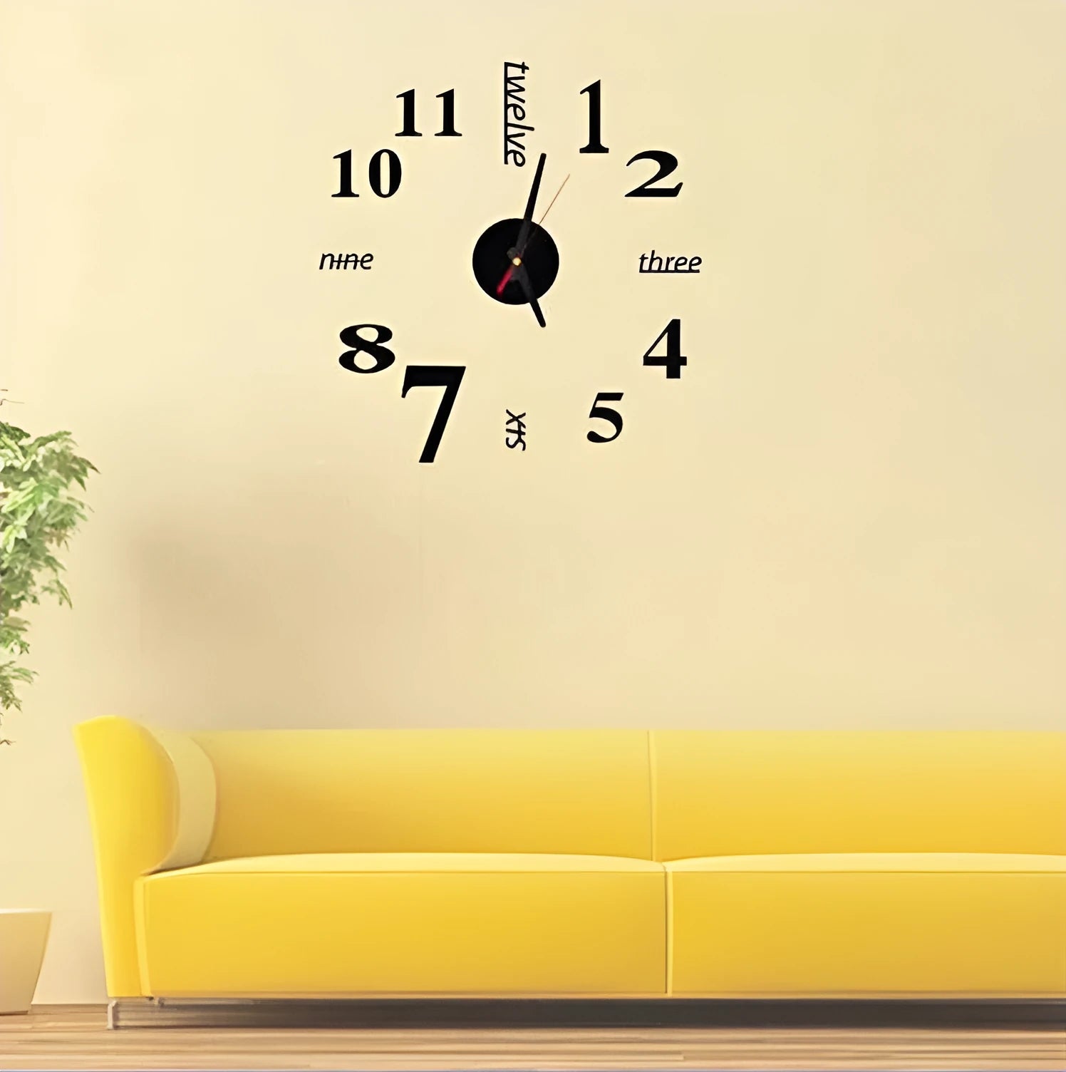 Round 10-inch DIY acrylic 3D stereo mirror wall clock on a living room wall, available in five colours