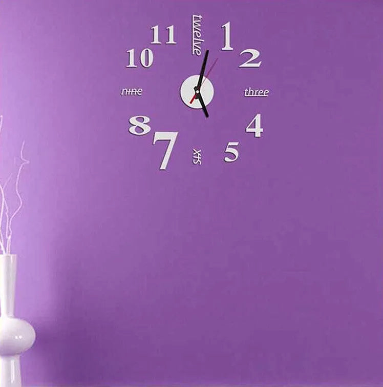 Round 10-inch DIY acrylic 3D stereo mirror wall clock on a living room wall, available in five colours