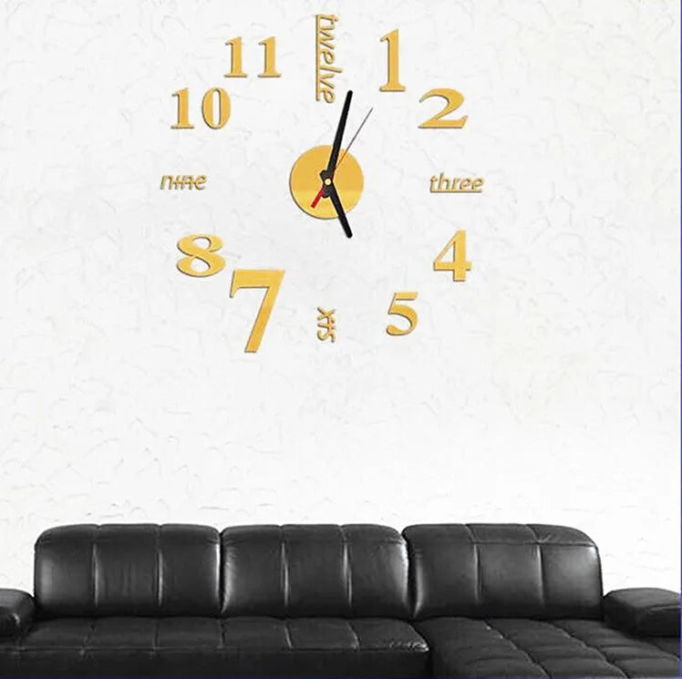 Round 10-inch DIY acrylic 3D stereo mirror wall clock on a living room wall, available in five colours