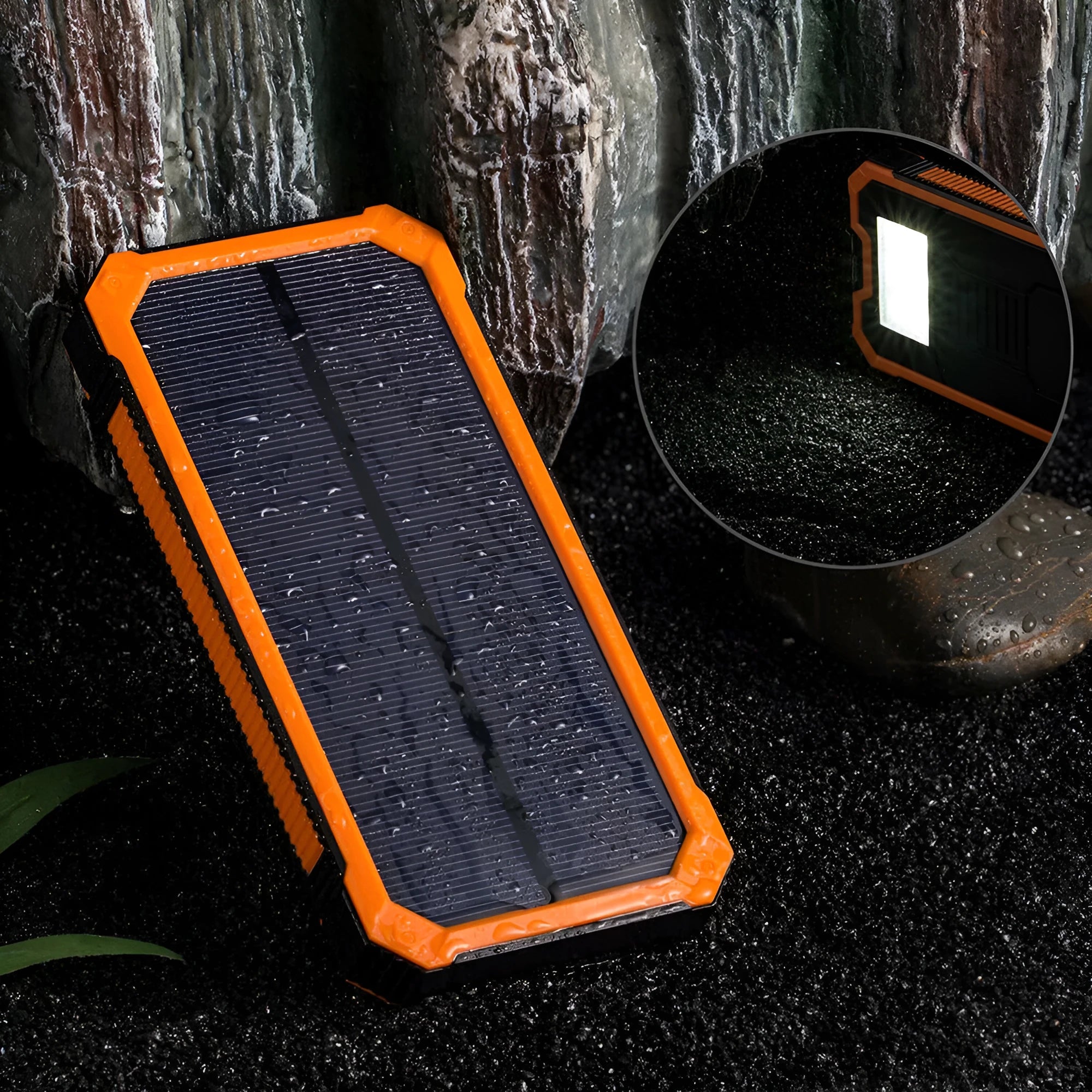 Three-proof solar power bank in orange showing multiple USB ports and dimensions 161x79x17mm