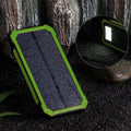 Three-proof solar power bank in orange showing multiple USB ports and dimensions 161x79x17mm