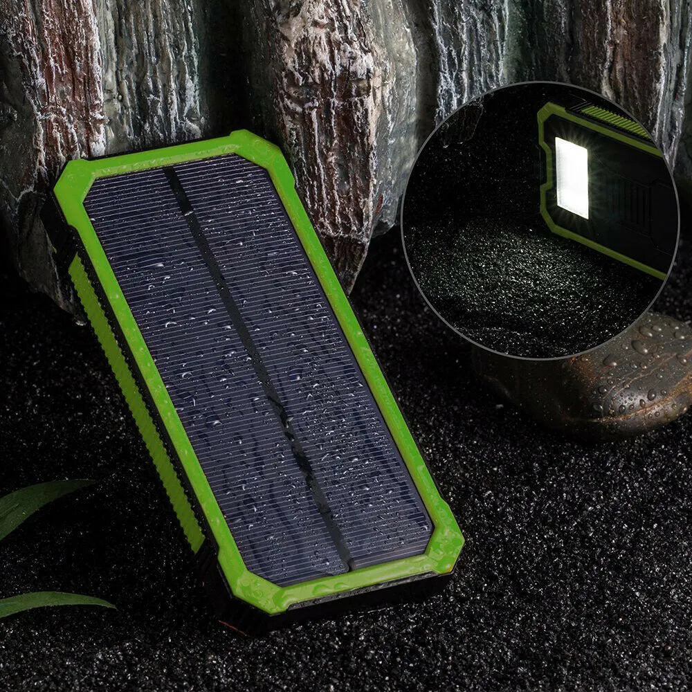 Three-proof solar power bank in orange showing multiple USB ports and dimensions 161x79x17mm