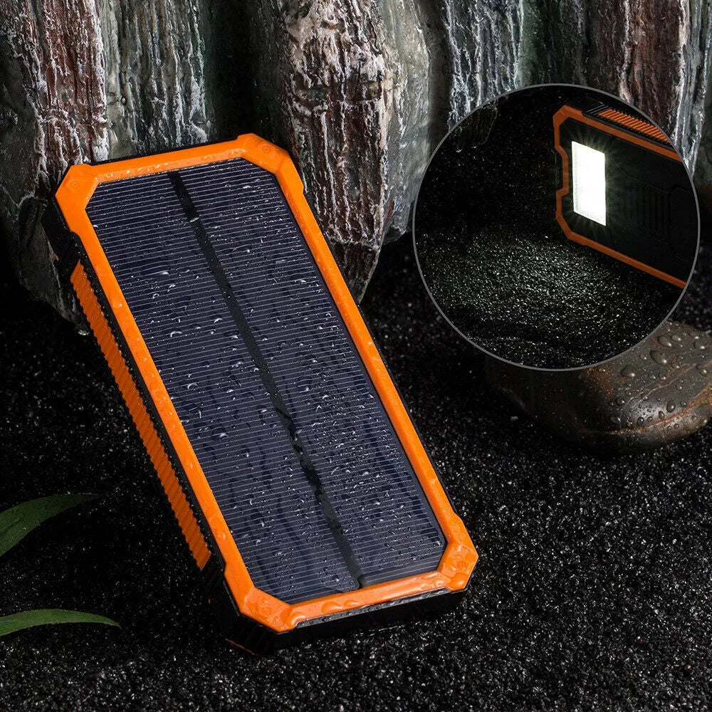 Three-proof solar power bank in orange showing multiple USB ports and dimensions 161x79x17mm