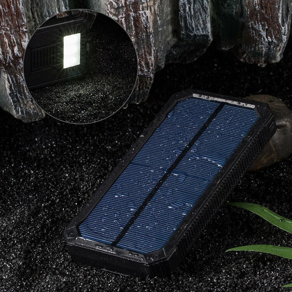 Three-proof solar power bank in orange showing multiple USB ports and dimensions 161x79x17mm