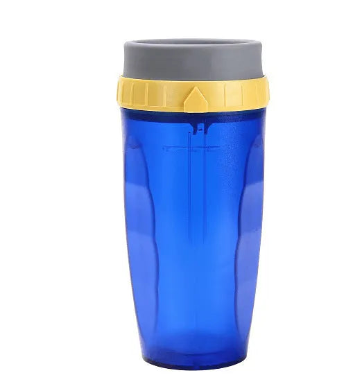 300ml green twist top lidless double wall travel cup with straw on blue background