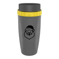 300ml green twist top lidless double wall travel cup with straw on blue background