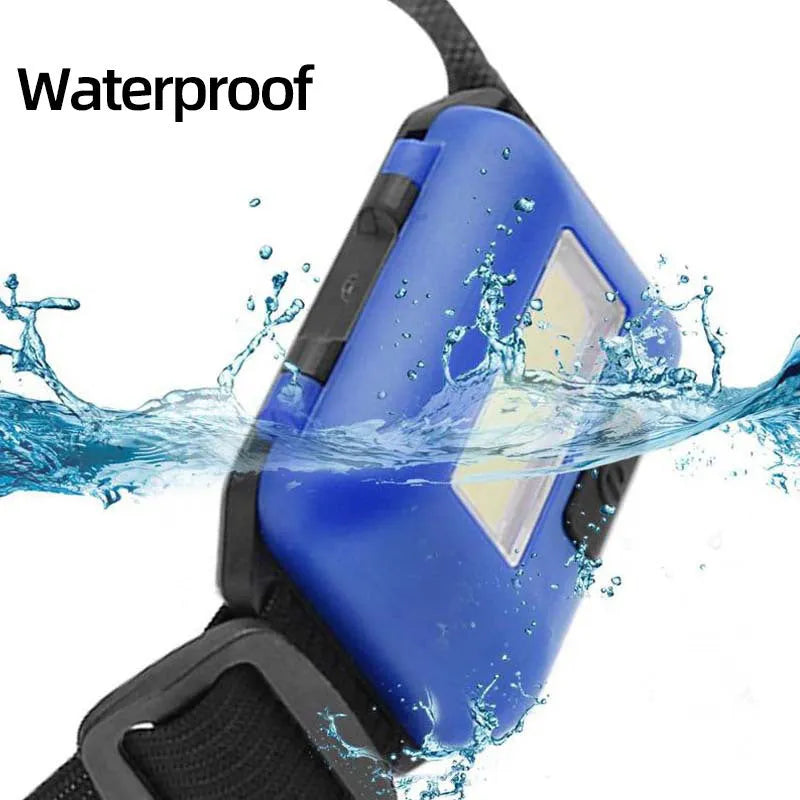Compact black outdoor headlamp with adjustable polyester strap and a central COB LED bulb.