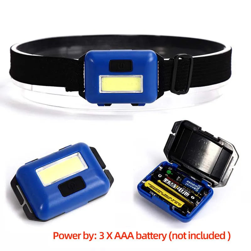 Compact black outdoor headlamp with adjustable polyester strap and a central COB LED bulb.