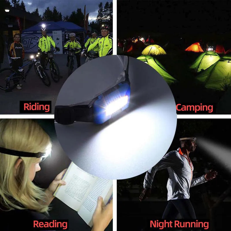 Compact black outdoor headlamp with adjustable polyester strap and a central COB LED bulb.